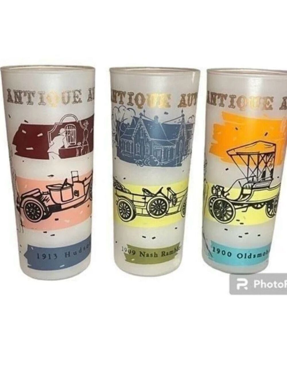 Anchor Hocking vintage MCM Antique Autos Frosted Tumbler three glasses highball